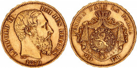 Belgium 20 Francs 1870
KM# 37; Gold (.900) 6.45 g., 21 mm.; Leopold II; XF/AUNC