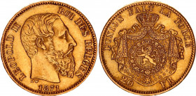 Belgium 20 Francs 1871
KM# 37; Gold (.900) 6.45 g., 21 mm.; Leopold II; AUNC