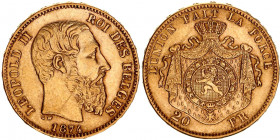 Belgium 20 Francs 1874
KM# 37; Gold (.900) 6.45 g., 21 mm.; Leopold II; XF