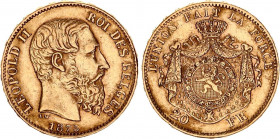 Belgium 20 Francs 1875
KM# 37; Gold (.900) 6.45 g., 21 mm.; Leopold II; XF