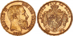 Belgium 20 Francs 1876
KM# 37; Gold (.900) 6.45 g., 21 mm.; Leopold II; XF+