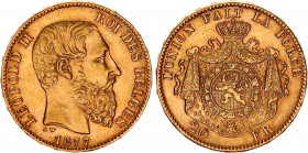 Belgium 20 Francs 1877
KM# 37; Gold (.900) 6.45 g., 21 mm.; Leopold II; XF/AUNC