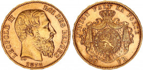 Belgium 20 Francs 1878
KM# 37; Gold (.900) 6.45 g., 21 mm.; Leopold II; XF