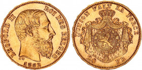 Belgium 20 Francs 1882
KM# 37; Gold (.900) 6.45 g., 21 mm.; Leopold II; XF+