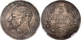 Bulgaria 5 Leva 1894 KB NGC AU 55
KM# 18; Silver; Ferdinand I; Mint: Kremnitz; AUNC Toned