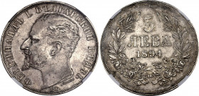 Bulgaria 5 Leva 1894 KB NGC AU 53
KM# 18; Silver; Ferdinand I