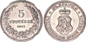 Bulgaria 5 Stotinki 1913 NGC MS 63
KM# 24; Copper-nickel; Ferdinand I; With mint luster