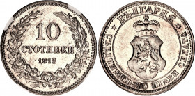 Bulgaria 10 Stotinki 1913 NGC MS 62
KM# 25; Copper-nickel; Ferdinand I; With full mint luster