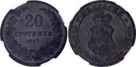 Bulgaria 20 Stotinki 1917 NGC MS 61
KM# 26a; Zinc; Ferdinand I