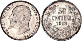 Bulgaria 50 Stotinki 1913 NGC MS 63
KM# 30; Silver; Ferdinand I; With mint luster