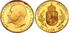 Bulgaria 20 Leva 1908 Restrike PCGS PR68DCAM
KM# 33; Gold (900) 645 g.; Ferdinand I; Declaration of Independence; Mint: Sophia; UNC, Proof.