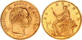Denmark 20 Kroner 1874 CS
KM# 791.1; Fr# 295; Gold (.900) 8.96 g.; Christian IX; AUNC