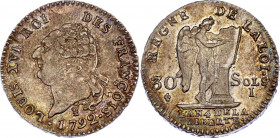 France 30 Sols 1792
KM# 606; "FRANÇOIS"; Silver; Louis XVI; XF/AUNC
