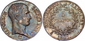 France 5 Francs 1807 L
KM# 673.8; Silver; Napoleon I; AUNC with beautiful toning