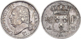 France 1/4 Franc 1818 B Overstrike
KM# 678.2; Silver; Louis XVIII; Mintage 15921 pcs; XF