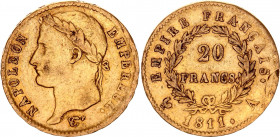 France 20 Francs 1811 A
KM# 695.1; Fr# 511; Gold (.900) 6.45 g.; Napoléon I; Mint: Paris; VF-XF