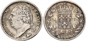 France 1/2 Franc 1822 A
KM# 708.1; Silver; Louis XVIII; XF+ with nice toning