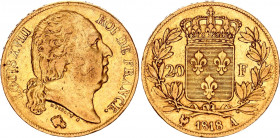 France 20 Francs 1818 A
KM# 712.1; Fr# 540; Gold (.900) 6.45 g.; Louis XVIII; Mint: Paris; XF-