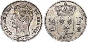 France 1/4 Franc 1827 B Overstrike
KM# 722.2; Silver; Charles X; Mintage 17037 pcs; XF