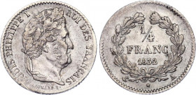France 1/4 Franc 1832 A
KM# 740.1; Silver; Louis-Philippe; XF with nice toning