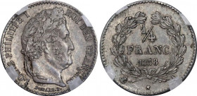 France 1/4 Franc 1838 A GENI AU 58
KM# 740.1; Silver; Louis-Philippe; Mintage 49449 pcs