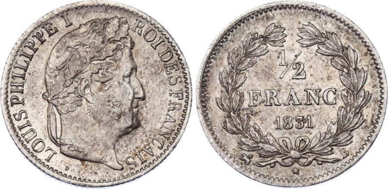 France 1/2 Franc 1831 B
KM# 741.2; Silver; Louis Philippe; XF+/AUNC- with nice ...