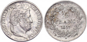 France 1/2 Franc 1837 W
KM# 741.13; Silver; Louis Philippe; XF+/AUNC- with nice toning