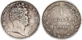 France 1 Franc 1831 B
KM# 742.2; Silver; Louis-Philippe; XF with nice toning