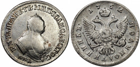 Russia Polupoltinnik 1752 ММД E
Bit# 167; Silver 6.49g; 1 Rouble by Petrov; Mintage 248.000 pcs; VF-XF