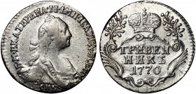 Russia Grivennik 1770 СПБ
Bit# 475; Silver 2.11g; 0.75 Rouble by Petrov; Mint Luster; AU-UNC
