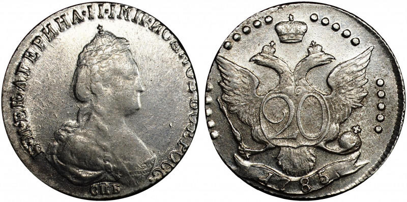 Russia 20 Kopeks 1785 CПБ
Bit# 399; Silver 4.78g; 1 Rouble by Petrov; XF-AU