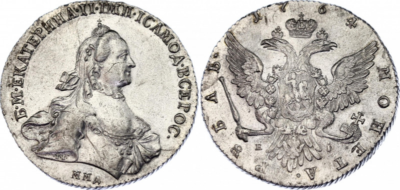 Russia 1 Rouble 1764 ММД ЕI
Bit# 122, Moscow Mint; 3 Roubles by Petrov. Silver,...
