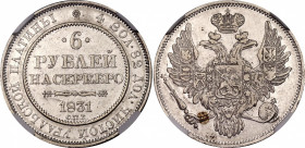 Russia 6 Roubles 1831 СПБ R2 NGC AU 53
Bit# 57 R2; 25 R by Petrov; Conros# 36/3; Platinum (.950) 20.71 g.; AUNC