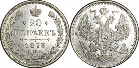 Russia 20 Kopeks 1873 СПБ HI
Bit# 224; Silver 3.47 g.; Coin from old collection; UNC with mint luster