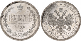 Russia 1 Rouble 1878 СПБ НФ
Bit# 92; 1,5 R by Petrov; Conros# 80/23; Silver 20.71g.; UNC Toned with scratches.