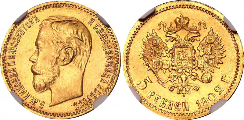Russia 5 Roubles 1902 АP NGC MS 67
Bit# 29; Conros# 20/12; Gold (.900) 4.30 g.,...