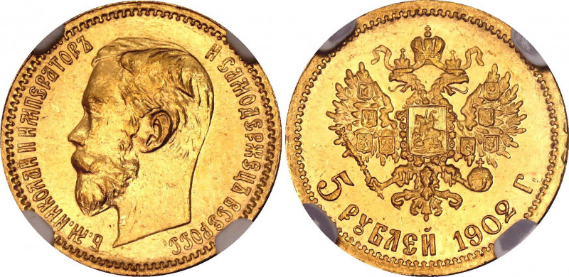 Russia 5 Roubles 1902 АP NGC MS 64
Bit# 29; Conros# 20/12; Gold (.900) 4.30 g.,...