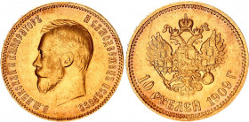 Russia 10 Roubles 1909 ЭБ R
Bit# 14 R; Conros# 8/12; Gold (.900) 8.60 g.; AUNC