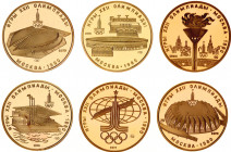 Russia - USSR Full Set of 6 Gold Coins of 100 Roubles 1977 - 1980 "Moscow Olympics"
Each Coin: Gold (.900) 17.45 g., 30 mm., Proof; 1980 Summer Olymp...