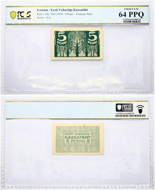 Estonia 5 Penni (1919) Banknote. Eesti Vabariigi Kassataht Pick # 39a. ND (1919)...