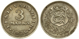 Estonia 3 Marka 1926 Obverse: National arms within wreath. Reverse: Denomination; date below. Nickel-Bronze. KM 6