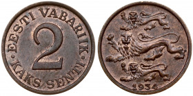 Estonia 2 Senti 1934 Obverse: Three leopards left above date. Reverse: Denomination. Edge Description: Plain. Bronze. KM 15