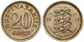 Estonia 20 Senti 1935 Obverse: National arms divide date. Reverse: Denomination. Edge Description: Plain. Nickel-Bronze. KM 17