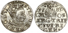 Latvia 3 Groszy 1583 Riga. Stefan Batory (1576–1586). Obverse: Crowned bust right. Reverse: Value and coat of arms over the city sign. Silver. Iger R....