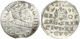 Latvia 3 Groszy 1591 Riga. Sigismund III Vasa(1587-1632). Obverse: Crowned bust right. Reverse: Value and coat of arms over the city sign. (in date Ro...