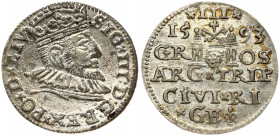Latvia 3 Groszy 1593 Riga. Sigismund III Vasa(1587-1632). Obverse: Crowned bust right. Reverse: Value and coat of arms over the city sign. Silver. Sma...