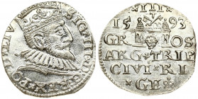 Latvia 3 Groszy 1593 Riga. Sigismund III Vasa(1587-1632). Obverse: Crowned bust right. Reverse: Value and coat of arms over the city sign. Silver. Ige...