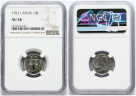 Latvia 10 Santimu 1922 Obverse: Arms with supporters. Reverse: Value and date within wreath. Nickel. Silver. KM 4. NGC AU 58