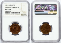 Latvia 5 Santimi 1922 Mint name below ribbon. Obverse: National arms above ribbon. Reverse: Value and date. Bronze. KM 3. NGC MS 63 RB