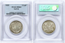 Latvia 2 Lati 1925 Obverse: Arms with supporters. Reverse: Value and date within wreath. Edge Description: Milled. Silver. KM 8. PCGS MS 64